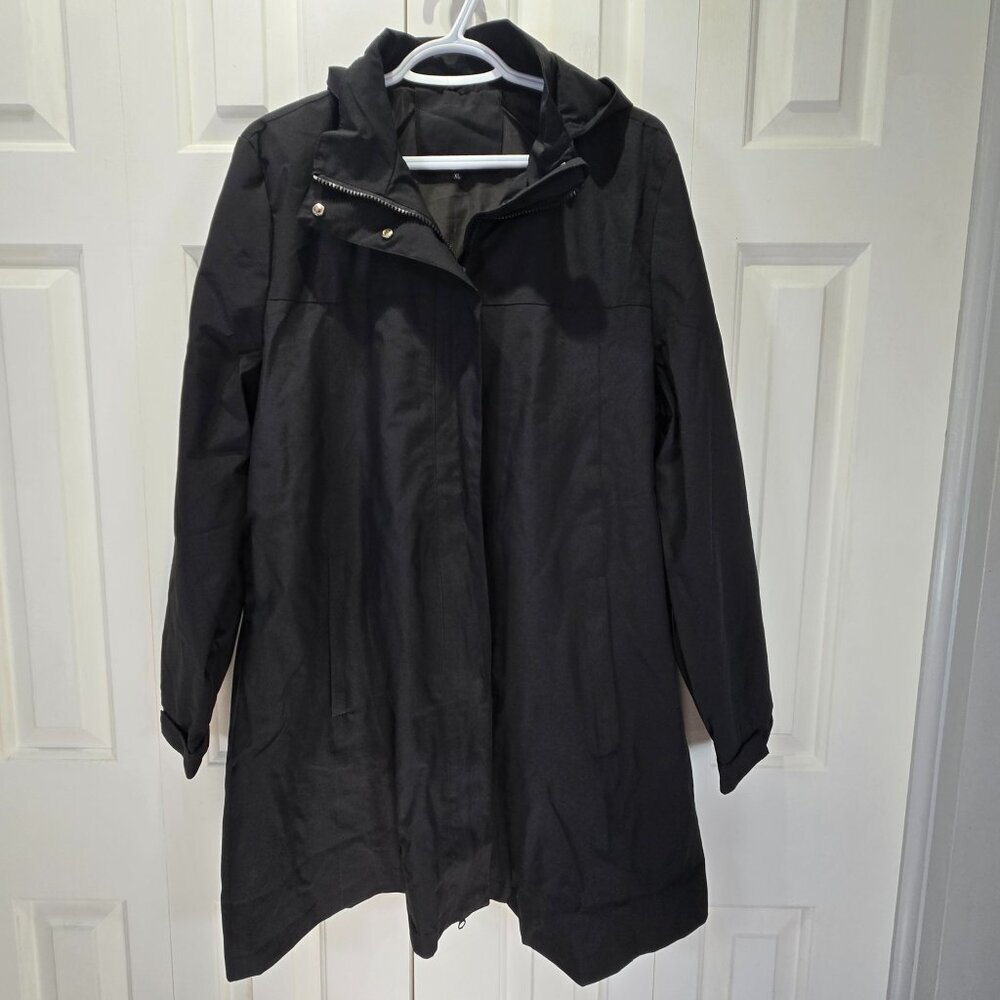 NWOT | Black Mid-Length Hooded Performance Spring Jacket Gold Hardware | XL - Picture 2 of 7